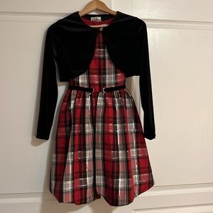 Rare Editions Holiday Christmas Dress Set Red Tartan Plaid and Velvet Bolero
